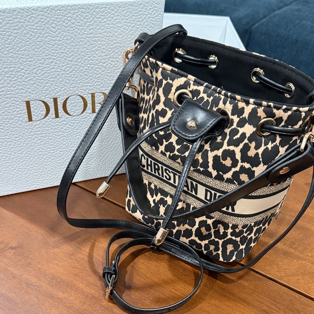Dior Leopard Print Bucket Shoulder Bag in Black & Tan LIKE NEW